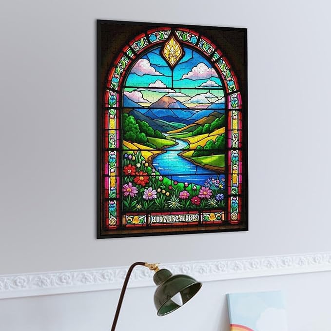 Wooden Jigsaw Puzzles - Stained Glass Window & View - 500 Piece Jigsaw Puzzle for Adults Teenagers and Kids Educational Family Game，Home Decor，Suitable for Puzzle Enthusiasts and Collectors