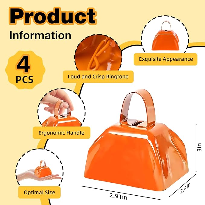 6PCS Metal Cow Bells Noisemakers, 3 Inch Loud Cow Bell Noise Makers for Sporting Events Party Favors with Handles, Great for Football Competitions, Sports Games, Celebration Parties (Orange)