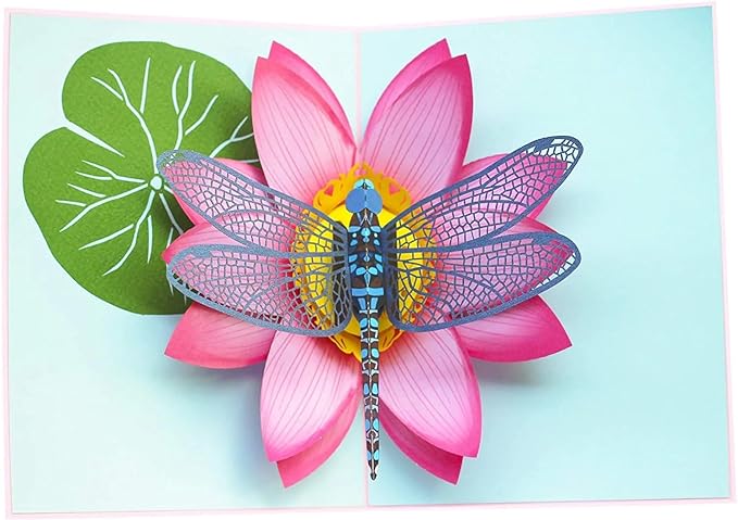 PopLife® Blue Dragonfly and Lotus 3D Pop Up Card - Mother's Day, Valentine's Day, Birthday, Thank you, Get Well, Anniversary - for Friends, Sister, Wife, Grandma, Daughter, Girlfriend