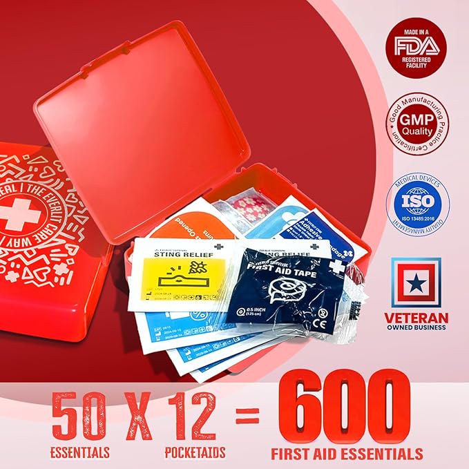 EVERLIT Pocket-Aid Mini First Aid Kit | Compact, Portable Hard-Shell Cases of 50 Items | Cuts, Scrapes, Wound Care Essentials for Travel, Outdoor, School, Camping, Home, Office (12 Packs | 600 Pcs)
