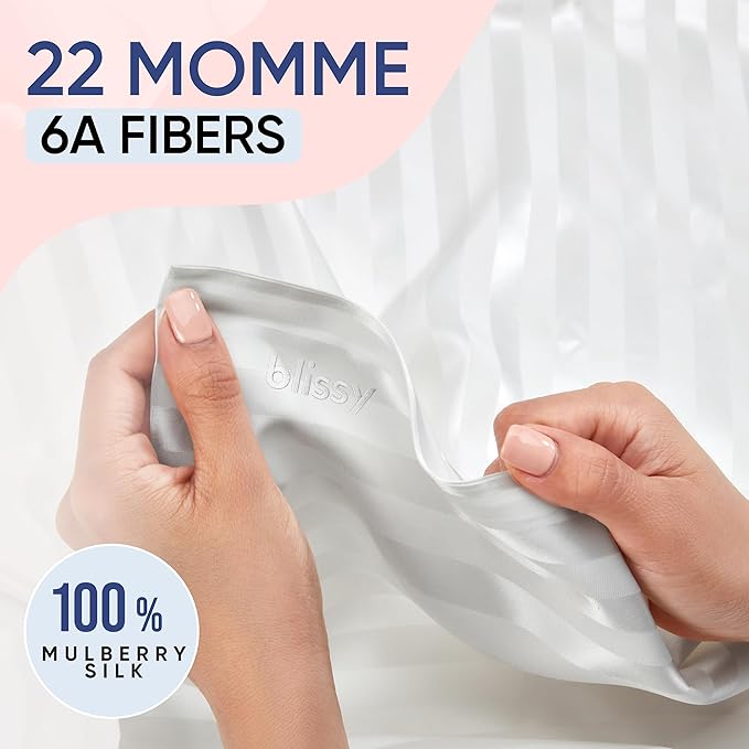 Blissy Silk Pillowcase - 100% Pure Mulberry Silk - 22 Momme 6A High-Grade Fibers - Silk Pillow Cover for Hair & Skin - Regular, Queen & King (White Striped, Standard)