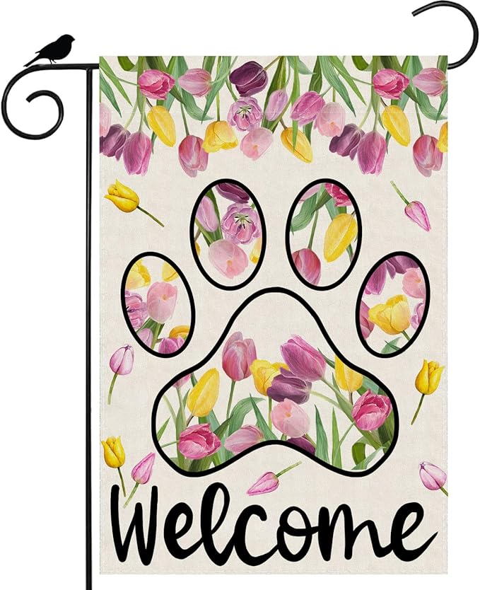 ZAEW Welcome Dog Paw Tulips Spring Garden Flag Summer Seasonal Yard Flag 12x18 Inch Double Sided Small Mini Yard Outdoor Outside Holiday Decoration