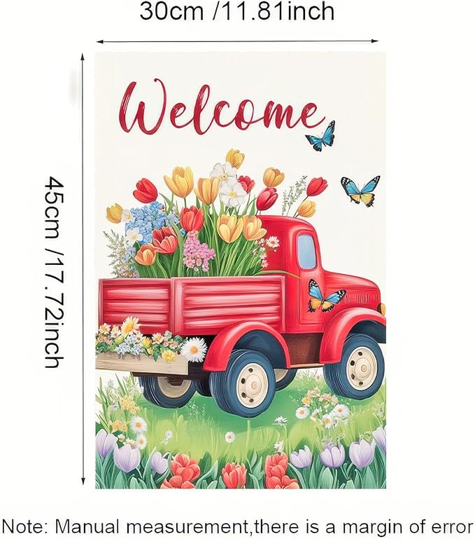 BlissYard Outdoor Garden Flag Double Sided Garden Flag Welcome Red Truck Flag Spring Flowers and Butterflies Design 12x18 Inch Polyester Yard Decoration for Outdoor Lawn and Patio