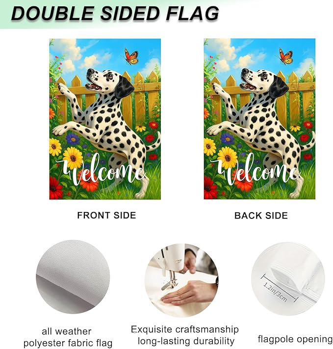 IVN Spring Summer Welcome Garden Flag 12x18 Inch Double Sided Dalmatian with Butterfly and Flowers Outdoor Yard Flag for Outside Home Front Door Lawn Porch Patio Welcome Decor