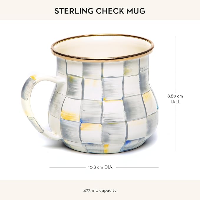 MACKENZIE-CHILDS Enamel Mug, Cute Enamelware Coffee and Tea Mug, Unique Drinkware, 16 Ounces, Gray-and-White Sterling Check, Set of 1 (Pack of 2)