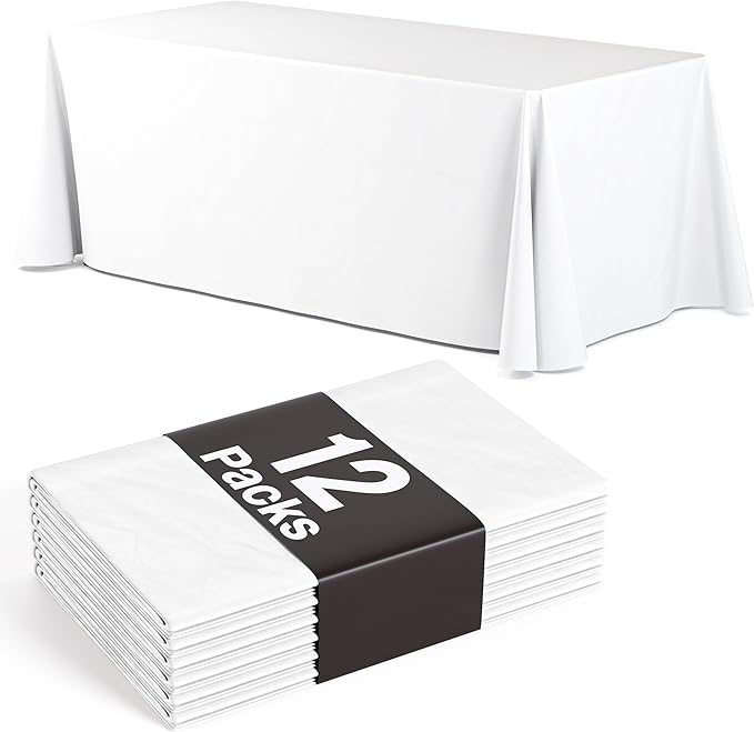 12 Pack White Plastic Table Cloth - 70 x 120 Inch Rectangle Disposable Tablecloth for Parties - Rectangle Tablecloth - Disposable Table Cloths for Parties - Great for Picnics And Formal Events