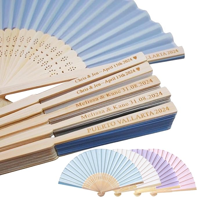 Personalized Engraved Light Blue Fans Folding Hand Fans 90 Pcs, Summer Wedding Fans, Custom Imitated Silk-Bamboo Fans for Guests Wedding Party Favor Bridal Shower Gifts Party Decoration