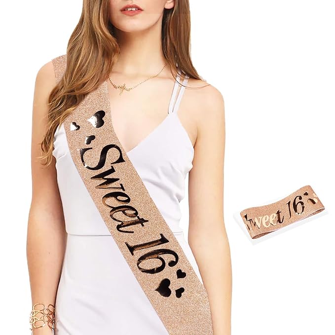 16th Birthday Crown and Sash for Girls Sweet 16 Birthday Decoration 16th Rose Gold Tiara and Sweet 16 Glitter Sash 16th Party Supplies