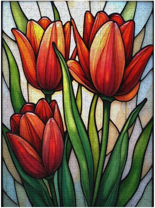 Wooden Jigsaw Puzzles - Tulip Stained Glass - 500 Piece Jigsaw Puzzle for Adults Teenagers and Kids Educational Family Game，Home Decor，Suitable for Puzzle Enthusiasts and Collectors