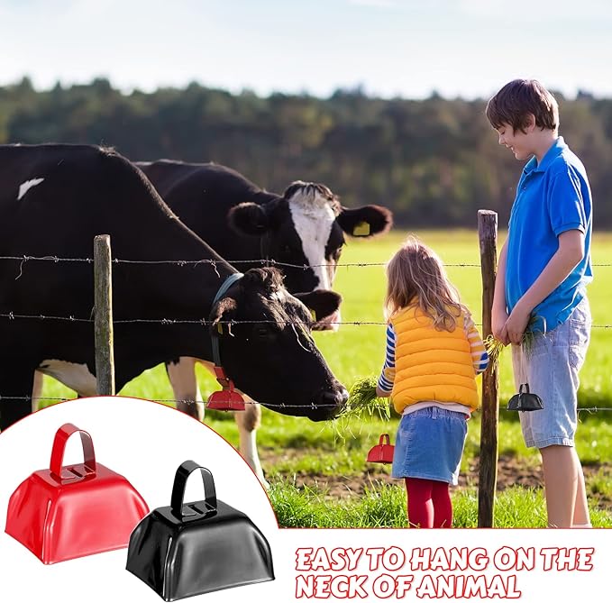 Yeshone 24 Pcs Metal Cowbell with Handle Cow Bells Noise Makers for Sporting Events Small Loud Noisemaker Cow Bell for Wedding Cheering Football Games, 3 x 2.8 x 2.5 Inch(Red, Black)