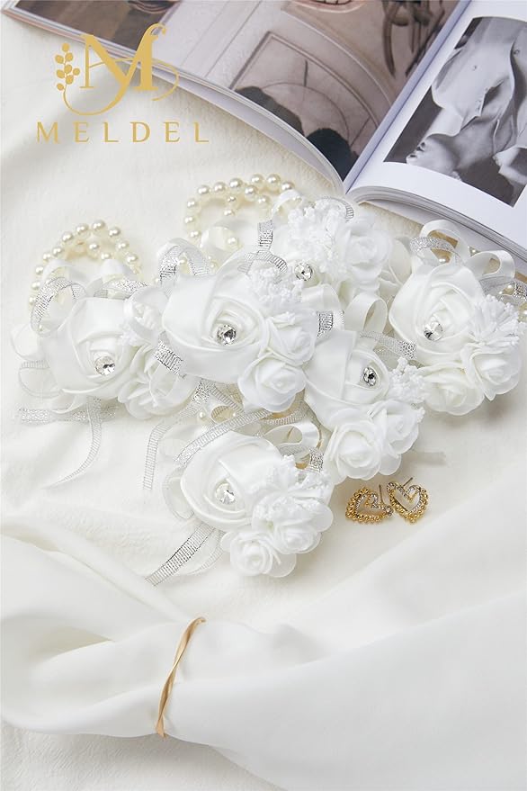 Meldel White Wrist Corsages for Prom, Set of 6, Rose Wedding Wrist Corsage for Bridal Bridesmaid Girl Women, Fake Wrist Flower for Mother of Bride, Artificial Hand Flower for Homecoming Anniversary