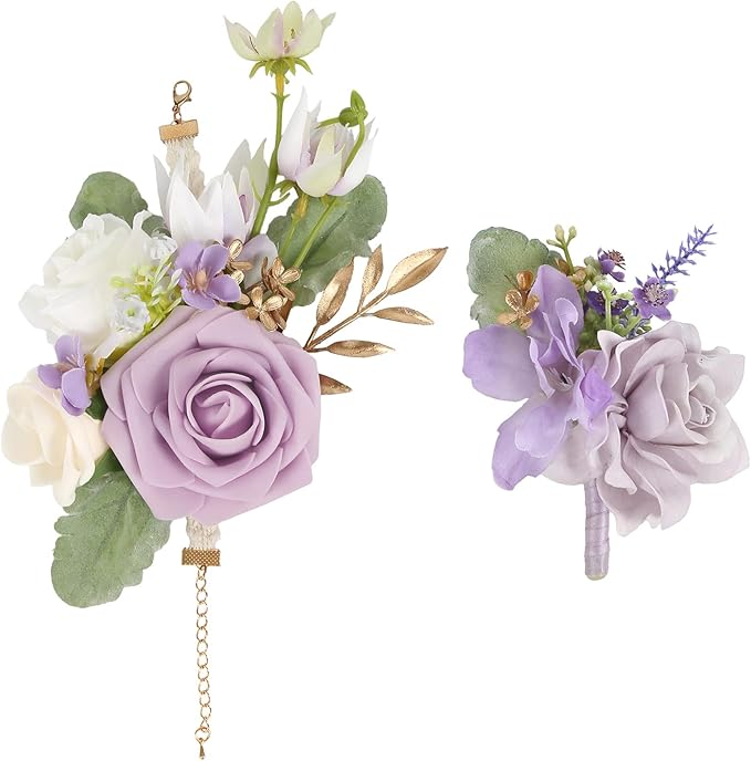 2Pcs Wedding Corsage and Boutonniere Set Purple Rose Corsage Wristlet and Boutonniere for Men Women Groom Bride Bridesmaid Groomsmen Wedding Party Accessory Prom Decoration (Purple)