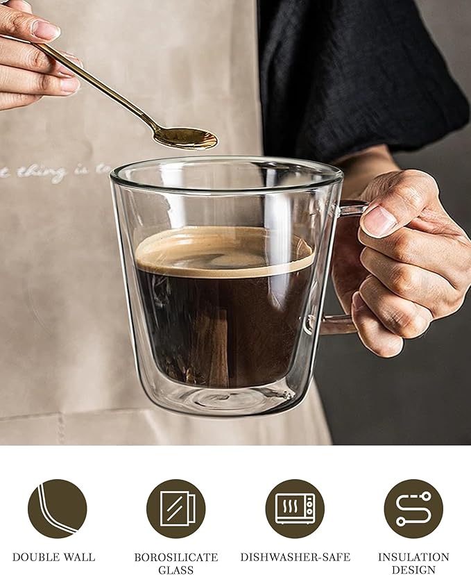 LIBWYS 12oz Double Wall Glass Coffee Mugs, Cappuccino Latte Tea Cups with Handle, Heat Resistant Borosilicate Insulated Clear Glasses (Set of 6)