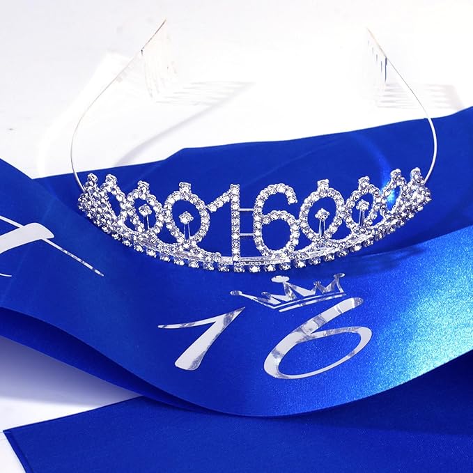 Casoty Silver Sweet 16 Birthday Sash and Crown for Girls 16th Birthday Decorations Party Supplies for Girls Sweet 16 Sash and Crown Set, Gifts for Her