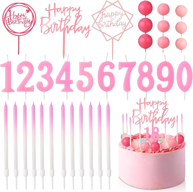 Yerliker 34 Pcs Happy Birthday Cake Toppers Decorations Birthday Candles DIY Cake Decor for Men Women Wedding Anniversary(Hot Pink)