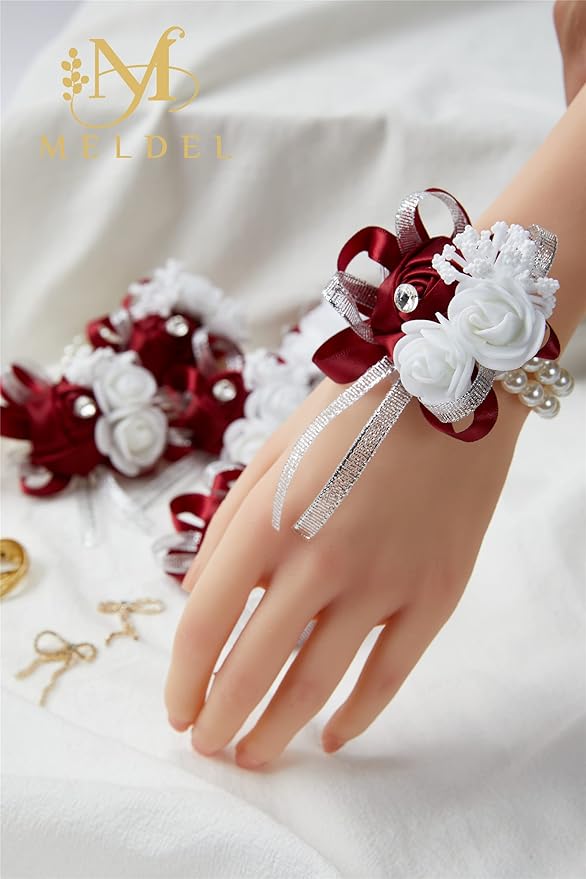 Meldel Wine Red Wrist Corsages for Prom, 2pcs Burgundy Rose Corsages for Bridal Bridesmaid Girl Mother Women, Wrist Flower Hand Flower for Wedding Ceremony Anniversary, Party,Homecoming