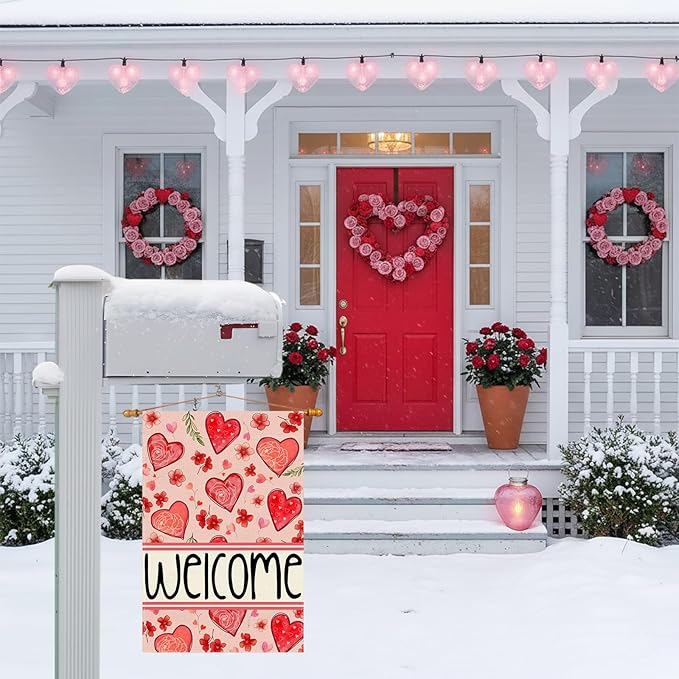 ZAEW Welcome Valentine’s Day Garden Flag Love Heart Floral Yard Flag 12x18 Inch Double Sided Small Mini Yard Outdoor Outside Holiday Decoration