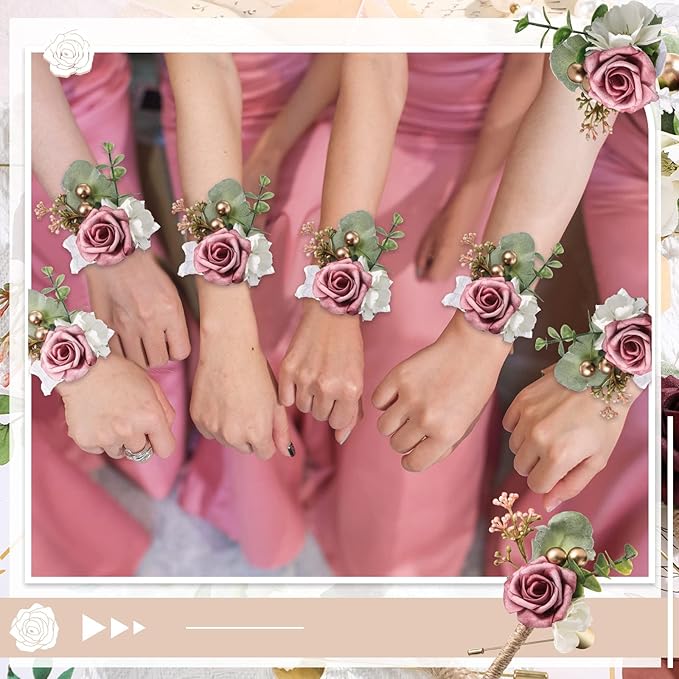 Tigeen 24 Pcs Dusty Rose Wrist Corsage Boutonniere Set, Handmade Bridal Bridesmaid Wrist Flower Boutonniere Set for Wedding Party Prom Suit Decoration