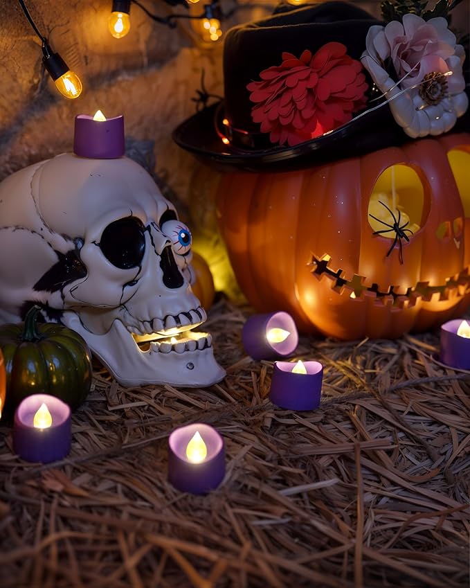 Homemory Purple Tea Lights Candles Battery Operated, 200+Hour Flameless Flickering Fake Electric LED Colored Tealights Candles for Party, Wedding, Halloween, Mardi Gras, Holiday Decor, 24-Pack