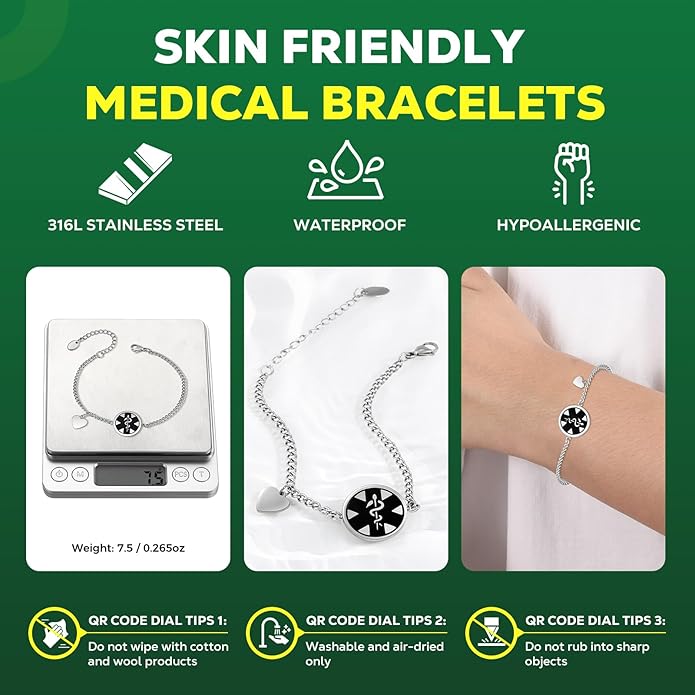 Upgraded Medical Bracelets Men Women with QR Code Medical Alert ID Bracelets - Titanium Steel Wristband Fits Wrists Up 8''-10'' - More Space Custom Emergency Med ID Info