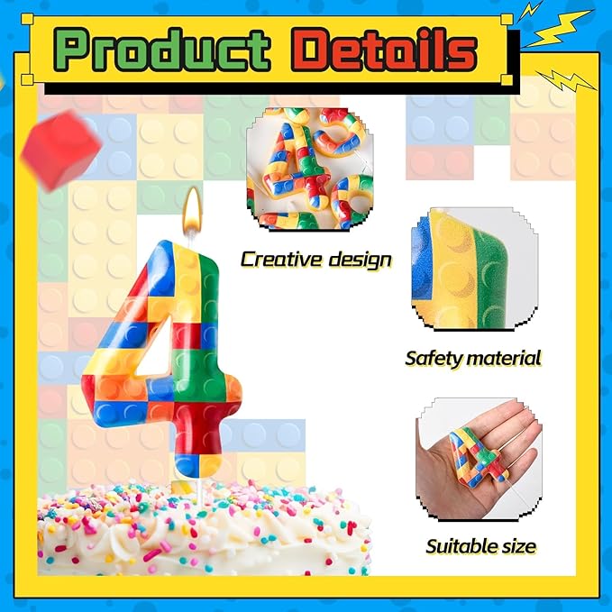Building Block Themed Birthday Candle Number 4 Candle Birthday Party Decoration Cake Topper for Building Block Party Decoration Theme Parties Supplies (Number 4)