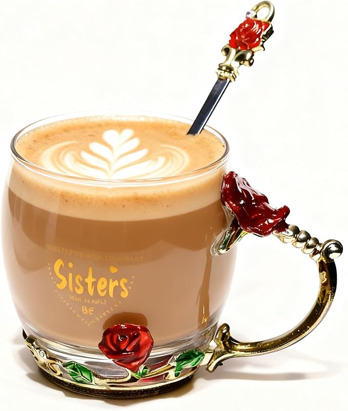 Flower Glass Cup with Printing Design Sisters Gifts Elegant Tea Coffee Cup Unique Christmas Gift Christmas Stocking Stuffers for Women (Sisters)