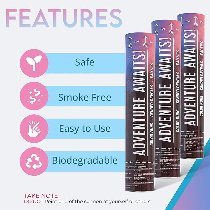 Adventure Awaits! - Baby Gender Reveal & for Other Festivals - Color Dispenser 12" x 6-Pack Hand Held Air Filled Party Popper - Also for Color Run Festival Product (Baby Blue & Pink)