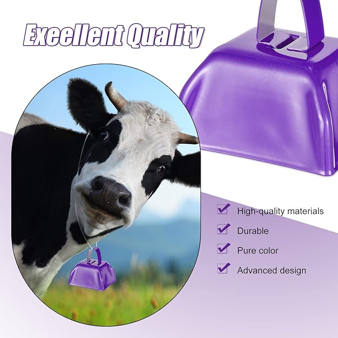 Yeshone 24 Pcs Metal Cowbell with Handle Cow Bells Noise Makers for Sporting Events Small Loud Noisemaker Cow Bell for Wedding Cheering Football Games, 3 x 2.8 x 2.5 Inch(Purple)