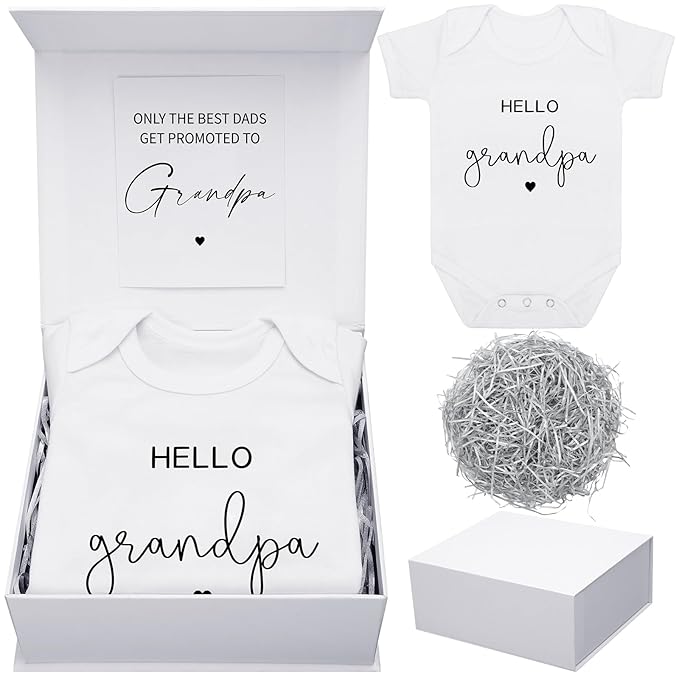 4 Pcs Pregnancy Announcement for Grandpa, Hello Grandpa Baby Bodysuit, Grandpa Pregnancy Reveal Card Baby Reveal Gift Box Baby Announcement Gifts Set for Grandpa