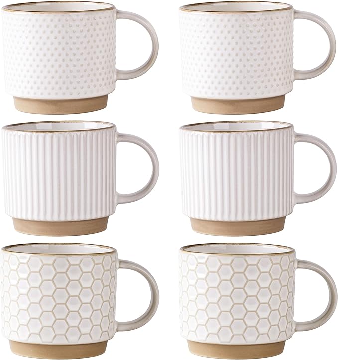 GBhome 12OZ Stackable Coffee Mugs Set of 6, Ceramic Coffee Mugs with Texture Patterns for Man,Woman,Dad,Mom, Modern Coffee Cups for Latte/Cappuccino/Cocoa. Dishwasher&Microwave Safe, Off White