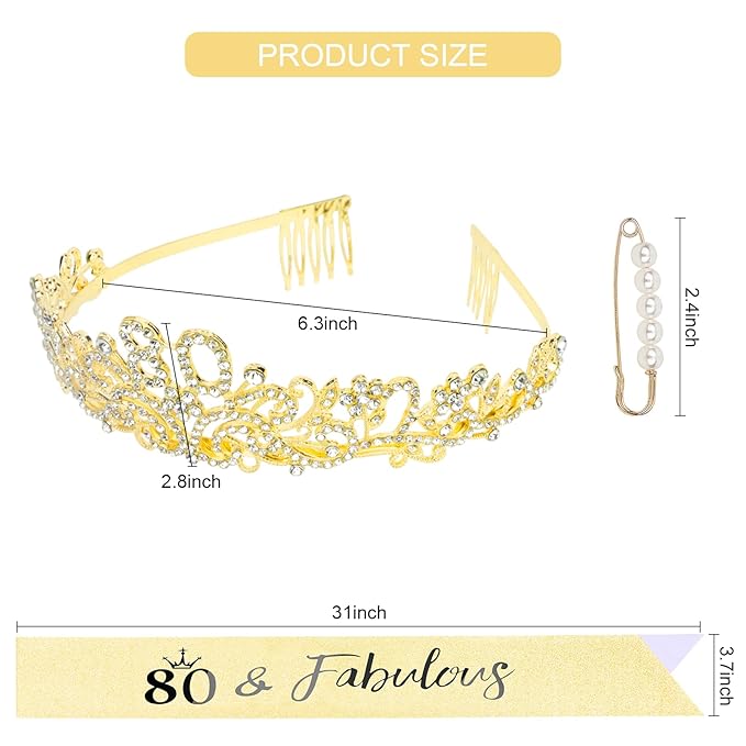 CIEHER 80th Birthday Decorations for Women - 80th Birthday Crown + 80 & Fabulous Birthday Sash + Pearl Pin Set, Gold 80th Birthday Tiara, 80th Birthday Gifts Women
