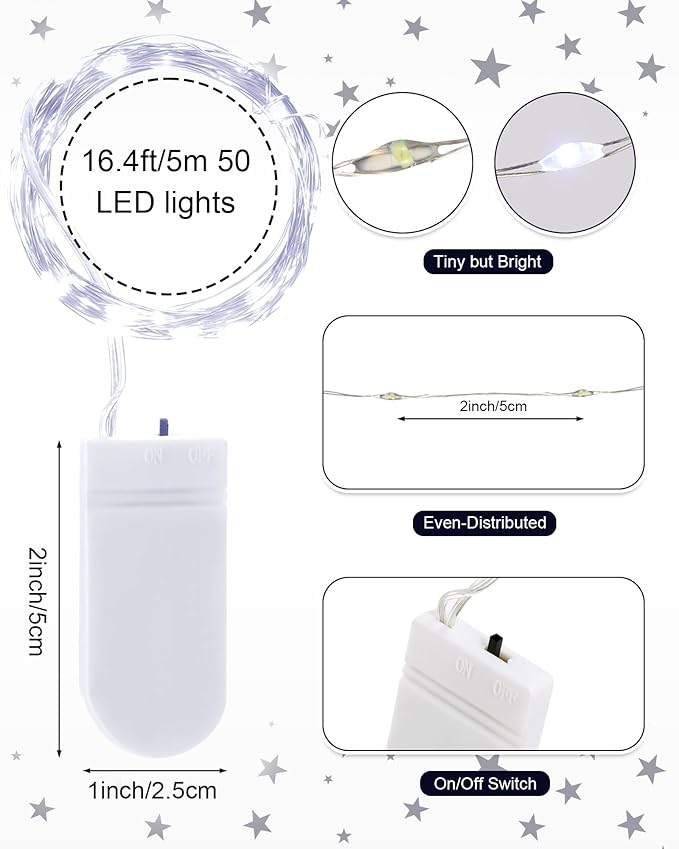 Riakrum 50 Pack 16.4 ft 50 LED Fairy Lights Battery Operated, Christmas Tiny String Lights Bulk Starry Light Waterproof for Mason Jars Wedding Party Xmas Centerpiece Table Decor, White