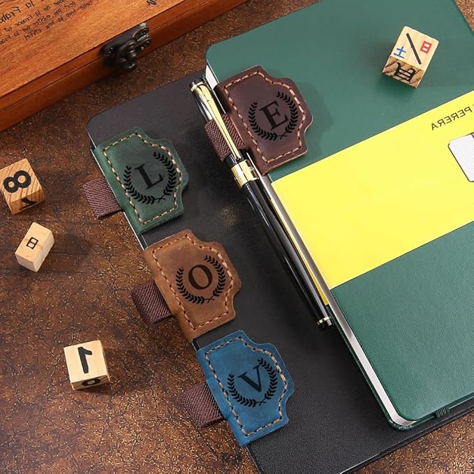 Custom Bookmark with Pen Holder with 26 Letters Personalized Magnetic Leather Book Mark, Customized Name Book Marker Clip with Initial for Men Women, Gifts for Book Lovers, Readers, (Red, D)