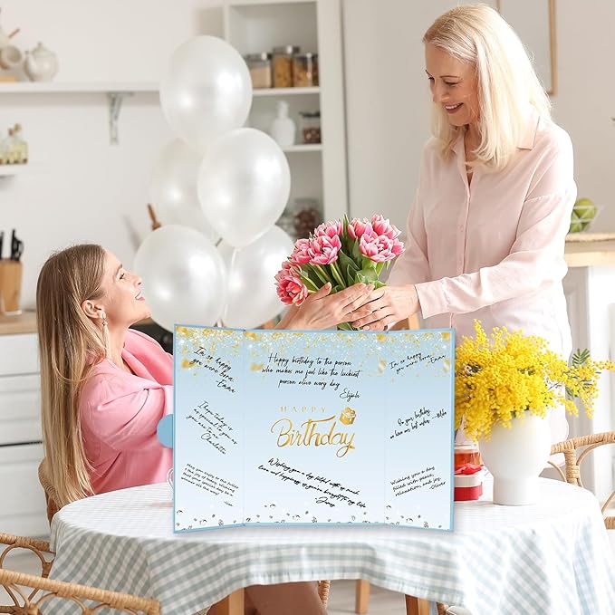 Crenics Birthday Decorations for Women or Men, Dusty Blue and Gold Birthday Guest Sign in Book Alternative, Happy Birthday Signature Book 18" x 12", Awesome Birthday Gifts for Girls Boys