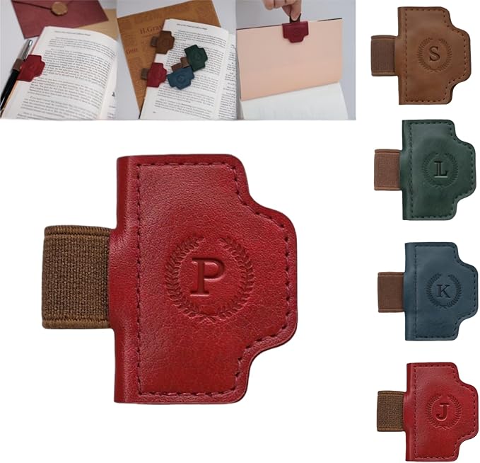Personalized Magnetic Bygone Mark Bookmark with Pen Holder, 26 Letters Name Initial Custom Leather Book Mark for Women, Gifts for Book Lovers and Readers (Red,P)