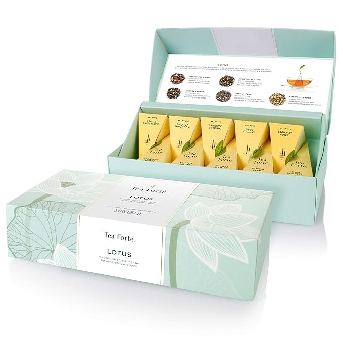 Tea Forte Premium Petite Presentation Box Gift Set Sampler, 10 Count, 2 of Each Blend Individually Wrapped Handcrafted Pyramid Infuser Bags, Lotus Tea