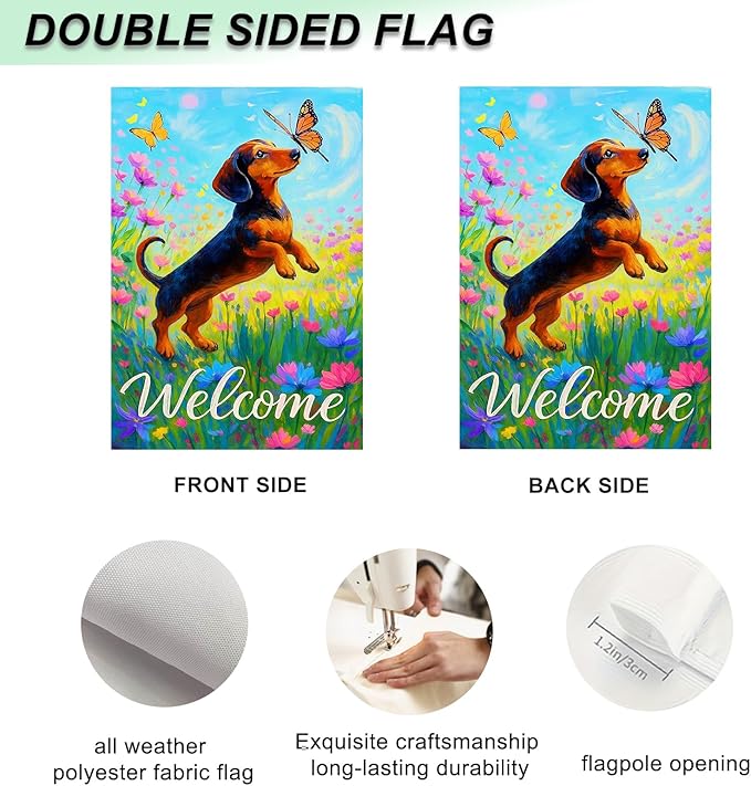 IVN Welcome Dachshund Garden Flag 12x18 Inch Double Sided Dog Butterfly Flower Outdoor Yard Flag for Home Front Door Lawn Porch Spring Decor