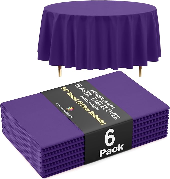 Exquisite 66% Thicker Premium Purple Round Tablecloth 0.5 Mil 6 Pack Plastic Table Cloth Disposable 84 Inch Round Plastic Tablecloth Won't Tear Easily Like Cheap Thin Brands