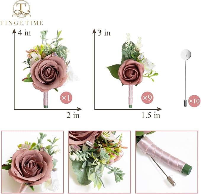 TINGE TIME Boutonniere for Men Wedding,Groom and Best Man Boutonniere for Wedding Ceremony Anniversary, Formal Dinner Party and Rustic Spring Marriage (10, DustyRose&Champagne)