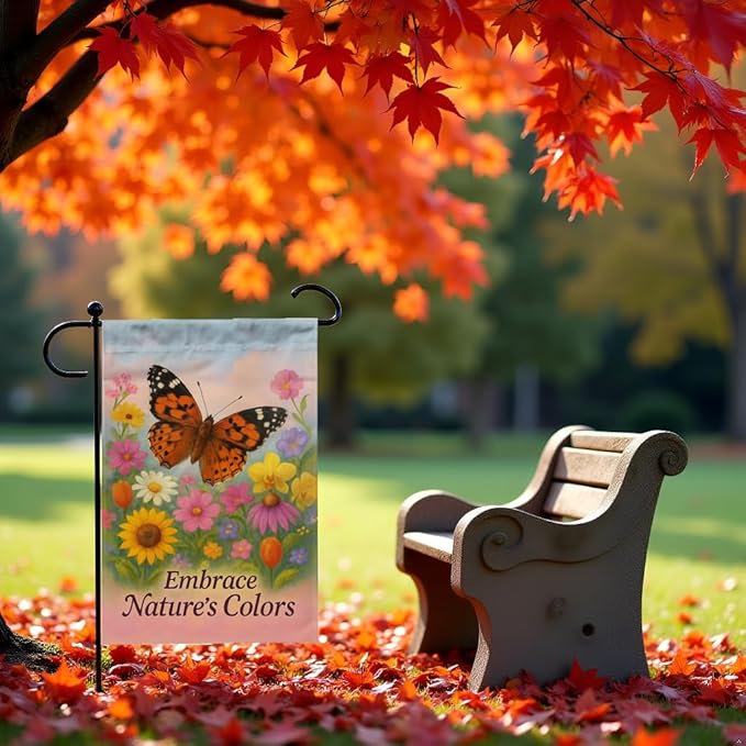 FLAGMEUP8386 Welcome Butterfly Garden Flag 12x18 Inch Double-Sided Polyester Fall Flag with Monarch and Painted Lady on Wildflowers, “Embrace Nature’s Colors Quote Autumn Outdoor Decoration