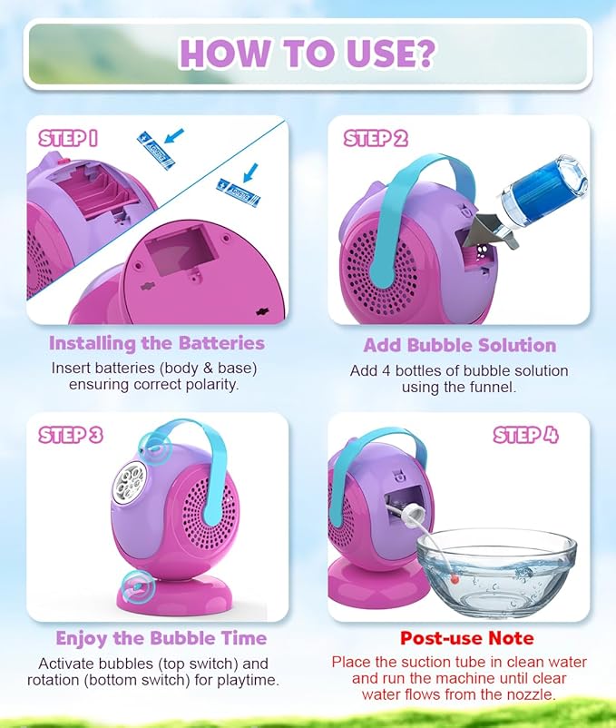 Bubble Machine, Automatic 360° Rotation & 75° Adjustment Bubbles Blower for Kids, Toddlers, Bubble Toys with LED Light - Gifts for Girls 1+ Year Old, Halloween, Outdoor, Birthday, Party