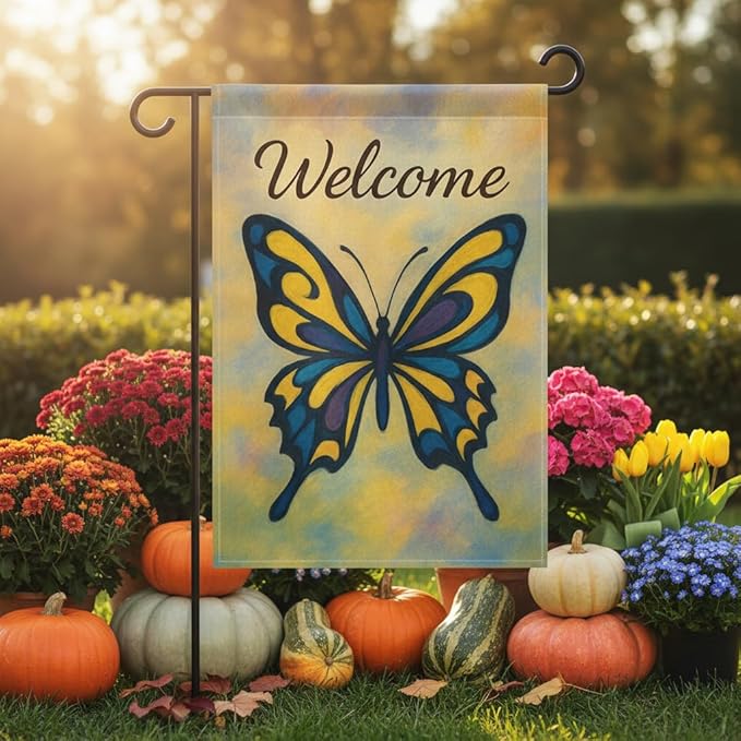 FLAGMEUP8386 Welcome Butterfly Garden Flag 12x18 Inch Double-Sided Polyester Yard Banner with Swallowtail Artistic Blue & Yellow Design, Outdoor Décor for Fall Gardens Seasonal Greetings