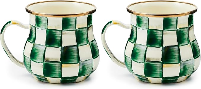 MACKENZIE-CHILDS Enamel Mug, Cute Enamelware Tea or Coffee Mug, 16 Ounces, Green-and-White Emerald Check (Pack of 2)