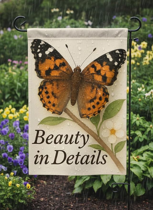 FLAGMEUP8386 Welcome Butterfly Garden Flag 12x18 Inch Double-Sided Polyester Fall Flag with Painted Lady Butterfly on Branch and Blossoms, “Beauty in Details Quote Garden Decoration