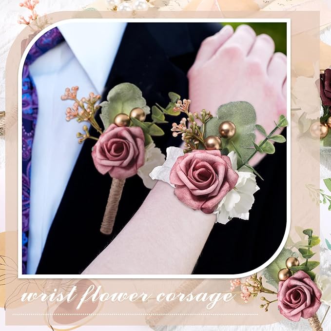 Tigeen 24 Pcs Dusty Rose Wrist Corsage Boutonniere Set, Handmade Bridal Bridesmaid Wrist Flower Boutonniere Set for Wedding Party Prom Suit Decoration
