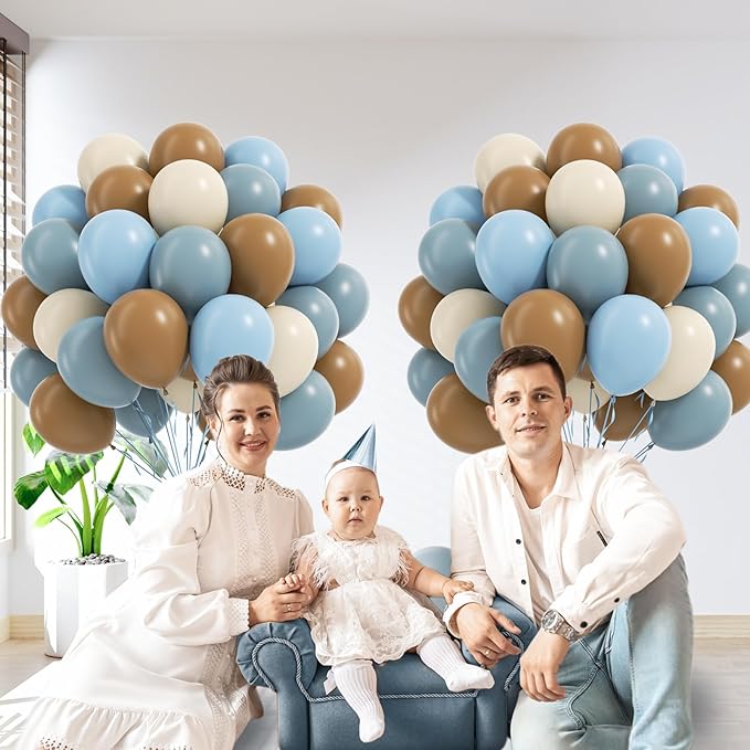 60pcs Blue and Brown Balloons 12inch with Brown Dusty Pastel Blue Sand White Balloons for One Sweet Cookie Birthday Gender Reveal Baby Shower Party Decorations