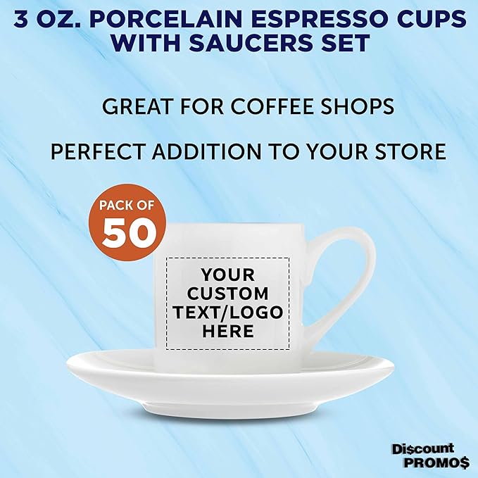 DISCOUNT PROMOS 50 Espresso Cups with Saucers Set, 3 oz. - Personalized Text, Logo - Practical, Porcelain, Coffee Shops - White
