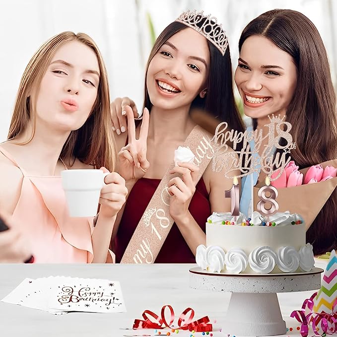 18th Birthday Decorations for Girls, Including Sash, Crown/Tiara, Candles, Cake Topper, 18th Birthday Gifts for Girls, Rose Gold Party Decor Supplies