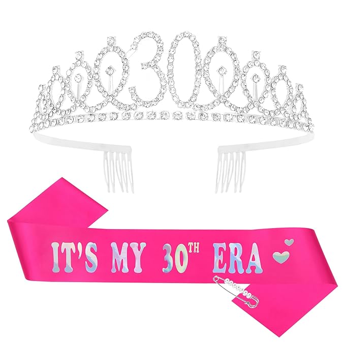 Casoty 30th Birthday Sash and Tiara, 30th Birthday Decorations for Women, Crown and Sash Set, Party Favors Supplies for Women, Gifts for Her