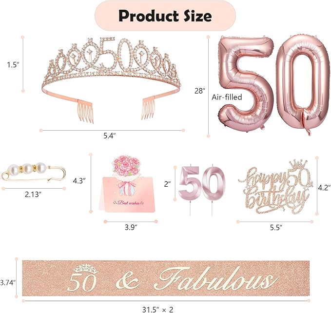 50th Birthday Gifts Decorations for Women, Including 50th Cake Toppers, Birthday Queen Sash with Pearl Pin, Sweet Rhinestone Tiara Crown, Number Candles and Balloons Set, Rose Gold